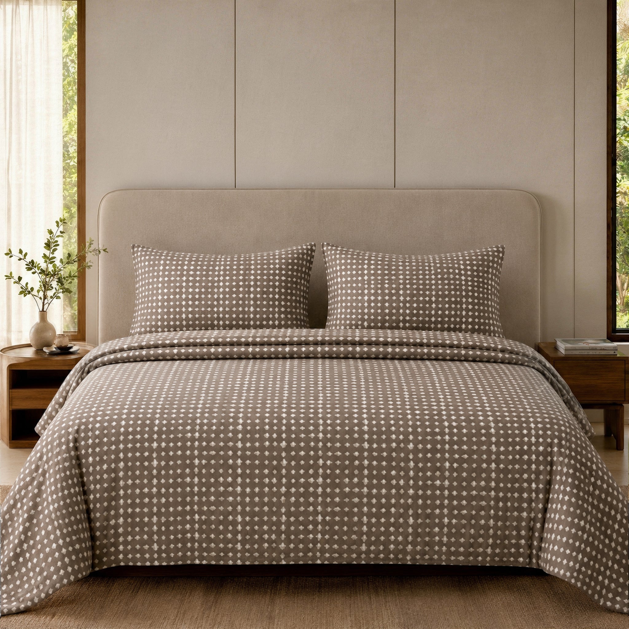 3 Piece Printed Bed Sheet – Taupe Dots