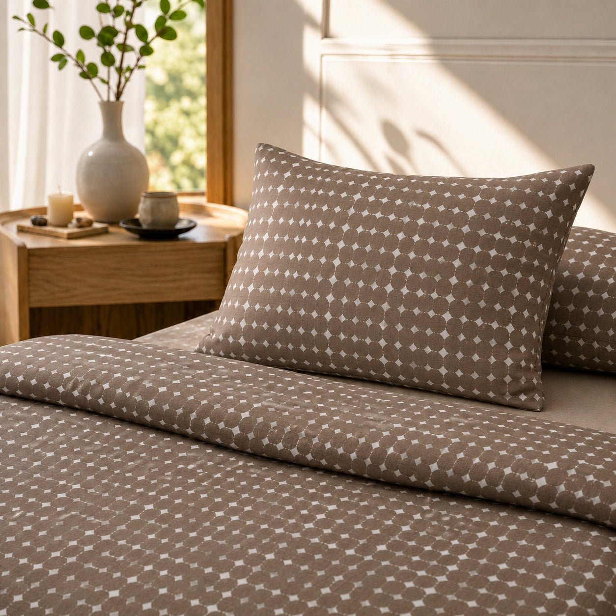 3 Piece Printed Bed Sheet – Taupe Dots