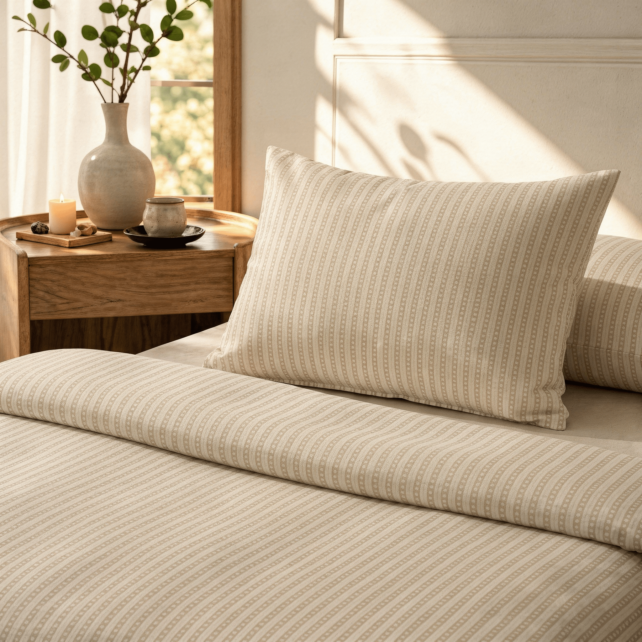3 Piece Striped Bed Sheet – Sand Pinstripe